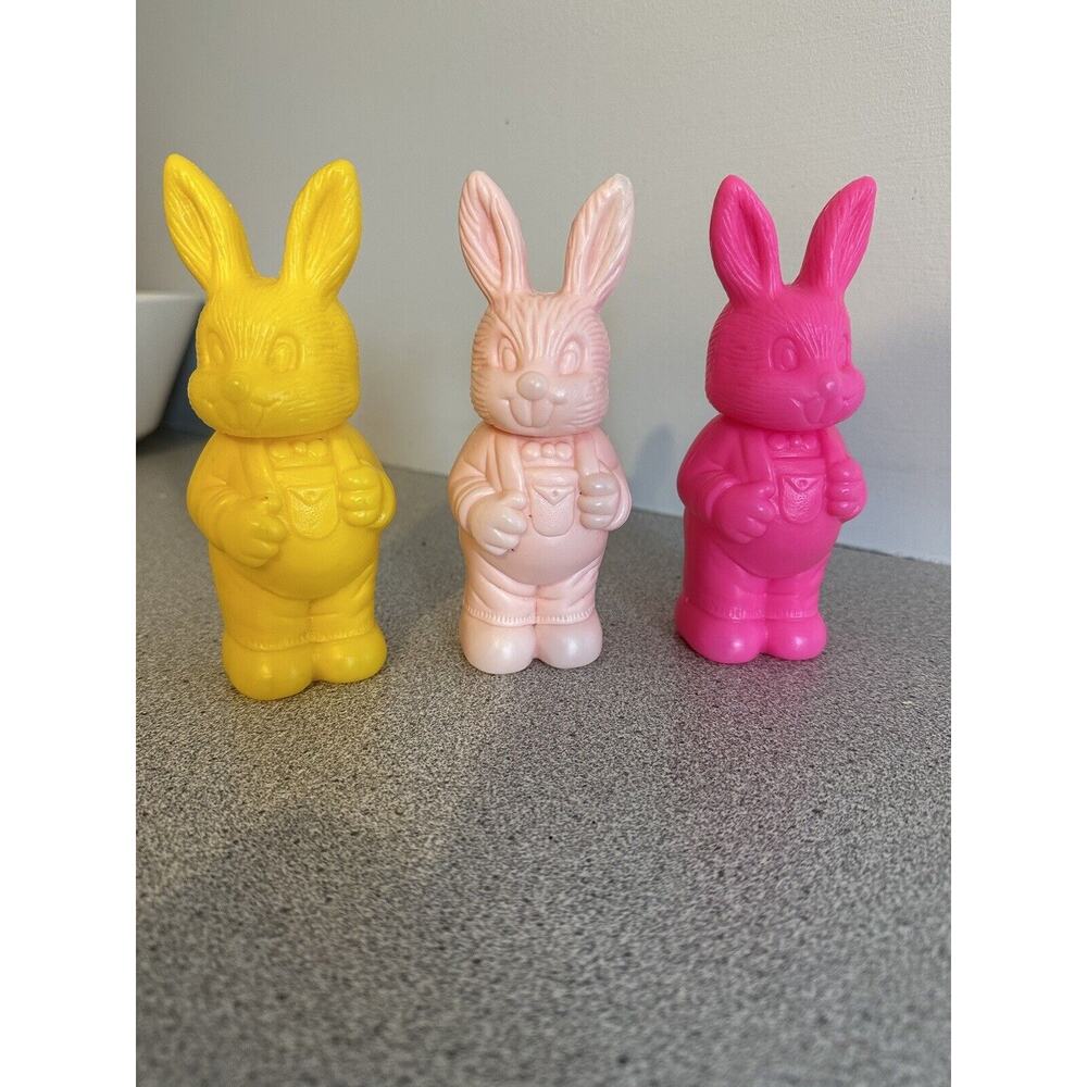 Vintage Easter Bunny Blow Mold Candy Container Rabbit Dark Pink Yellow Set